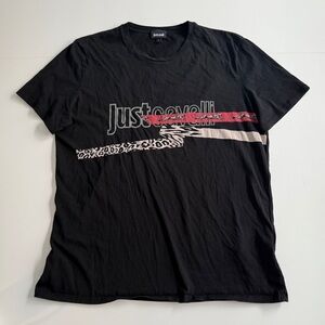 Just Cavalli Men’s Large Black Leopard Print Graphic T-Shirt Crewneck Casual